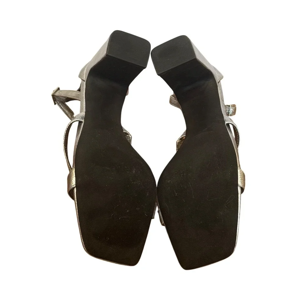 Silver Metallic Square Toe Block Heel Ankle Strap Sandal Heels Sz 9 Valentines - Picture 7 of 9